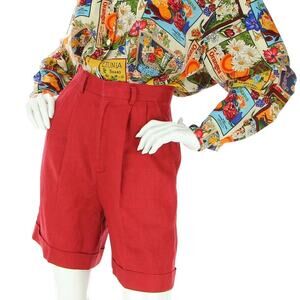 Vintage Nordstrom Boho Hippie Festival Mod High Waisted Red Linen Shorts 24